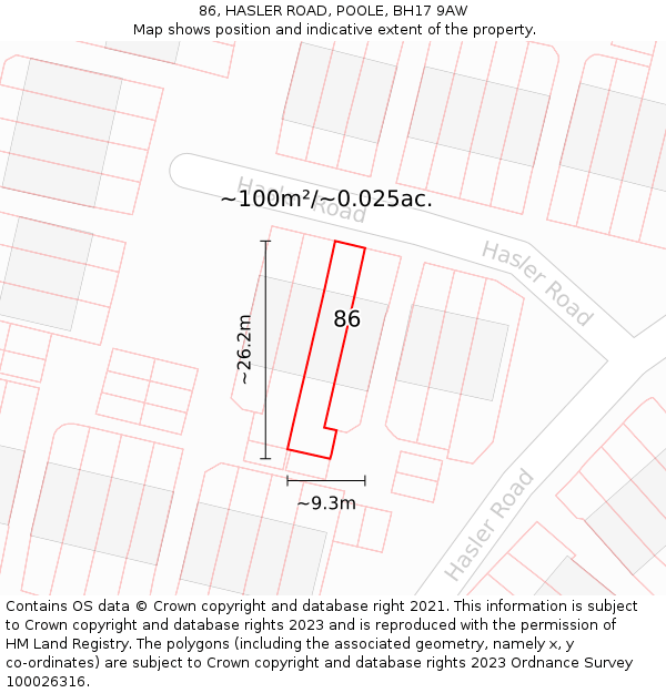 86, HASLER ROAD, POOLE, BH17 9AW: Plot and title map