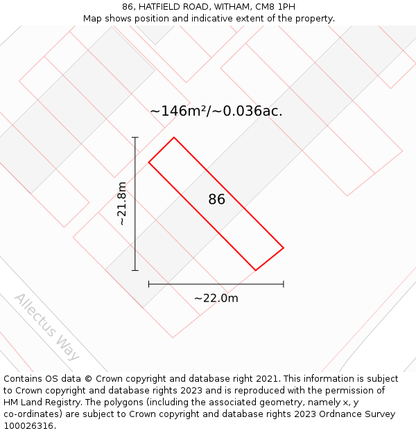 86, HATFIELD ROAD, WITHAM, CM8 1PH: Plot and title map