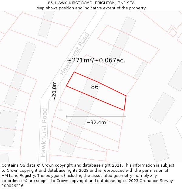 86, HAWKHURST ROAD, BRIGHTON, BN1 9EA: Plot and title map