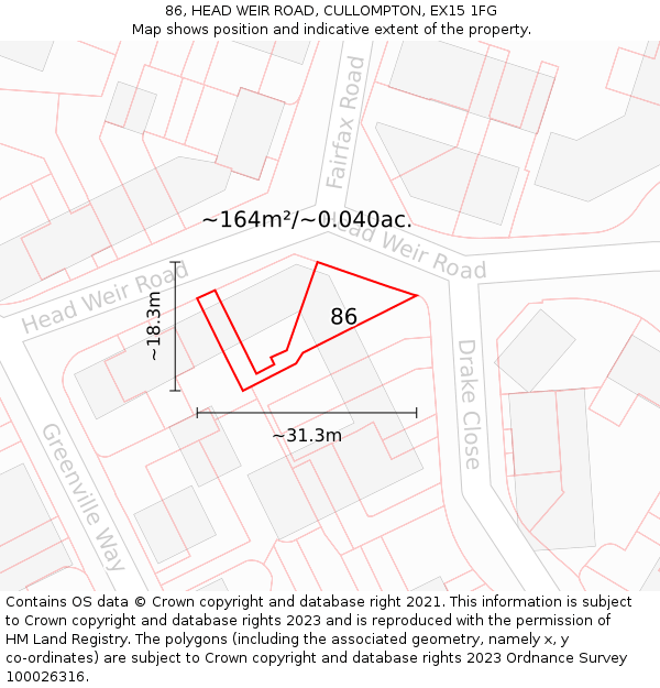 86, HEAD WEIR ROAD, CULLOMPTON, EX15 1FG: Plot and title map