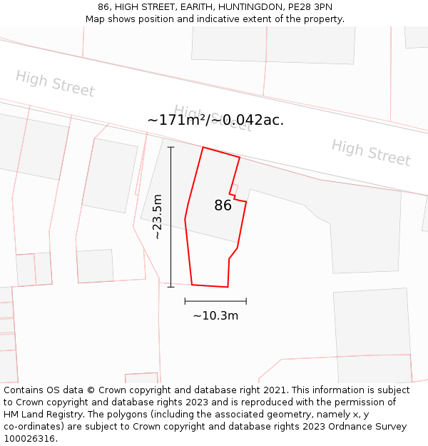 86, HIGH STREET, EARITH, HUNTINGDON, PE28 3PN: Plot and title map