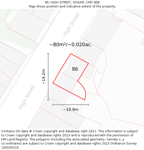 86, HIGH STREET, ONGAR, CM5 9EB: Plot and title map