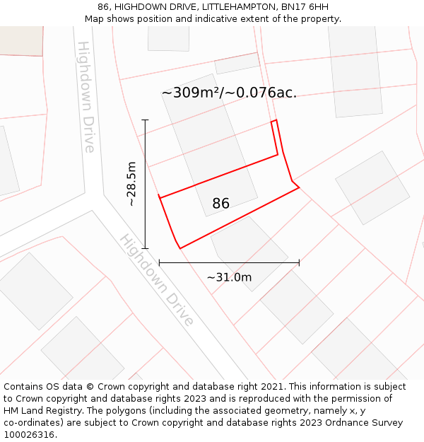 86, HIGHDOWN DRIVE, LITTLEHAMPTON, BN17 6HH: Plot and title map