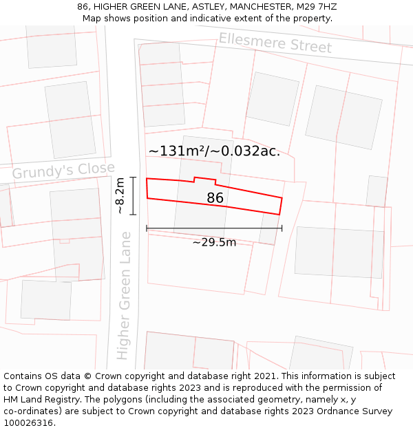 86, HIGHER GREEN LANE, ASTLEY, MANCHESTER, M29 7HZ: Plot and title map