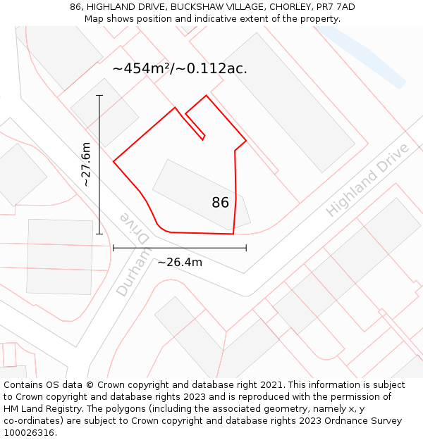 86, HIGHLAND DRIVE, BUCKSHAW VILLAGE, CHORLEY, PR7 7AD: Plot and title map
