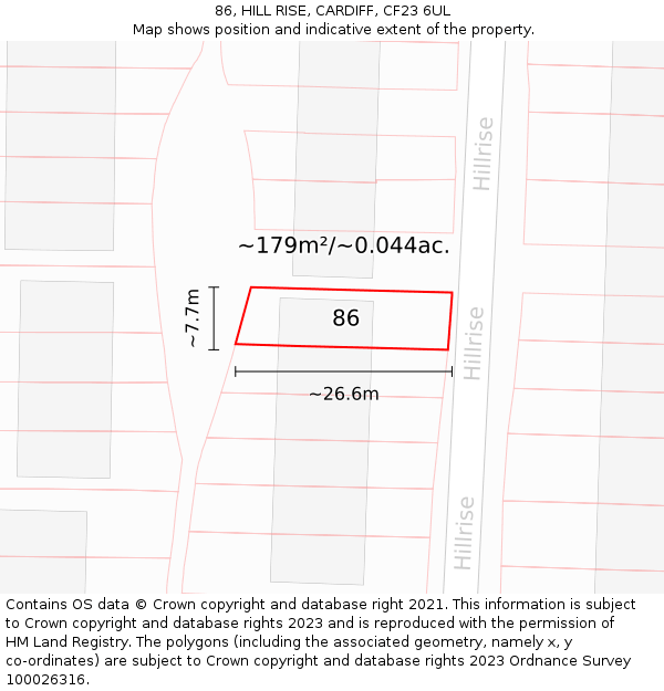 86, HILL RISE, CARDIFF, CF23 6UL: Plot and title map