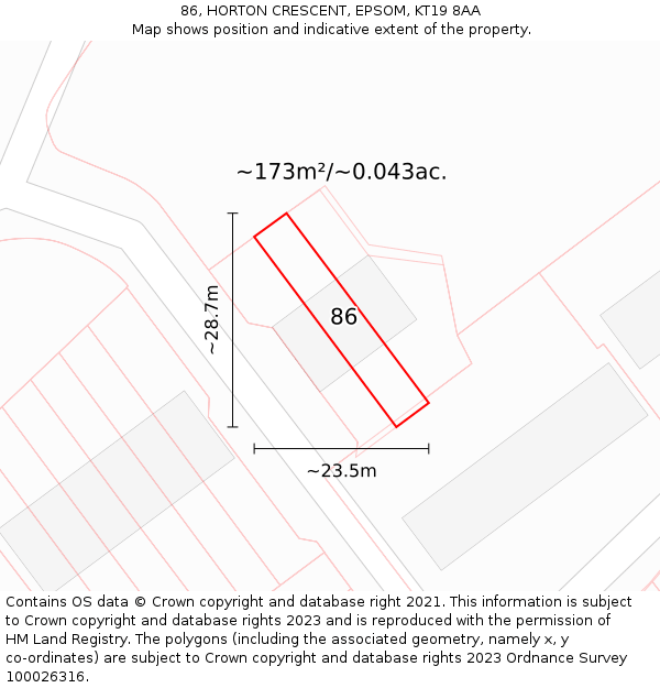86, HORTON CRESCENT, EPSOM, KT19 8AA: Plot and title map