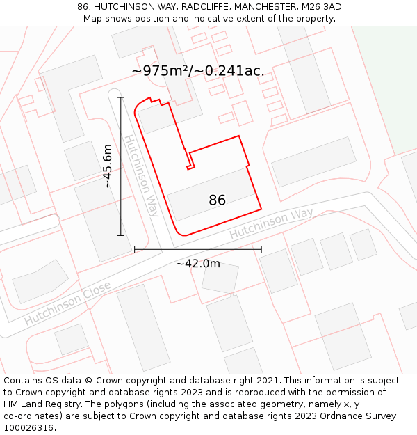 86, HUTCHINSON WAY, RADCLIFFE, MANCHESTER, M26 3AD: Plot and title map