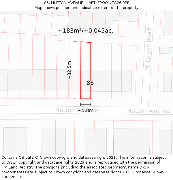 86, HUTTON AVENUE, HARTLEPOOL, TS26 9PR: Plot and title map