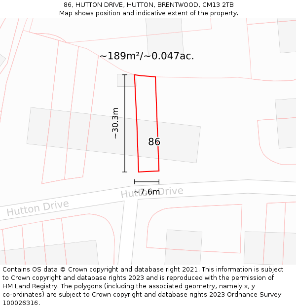 86, HUTTON DRIVE, HUTTON, BRENTWOOD, CM13 2TB: Plot and title map