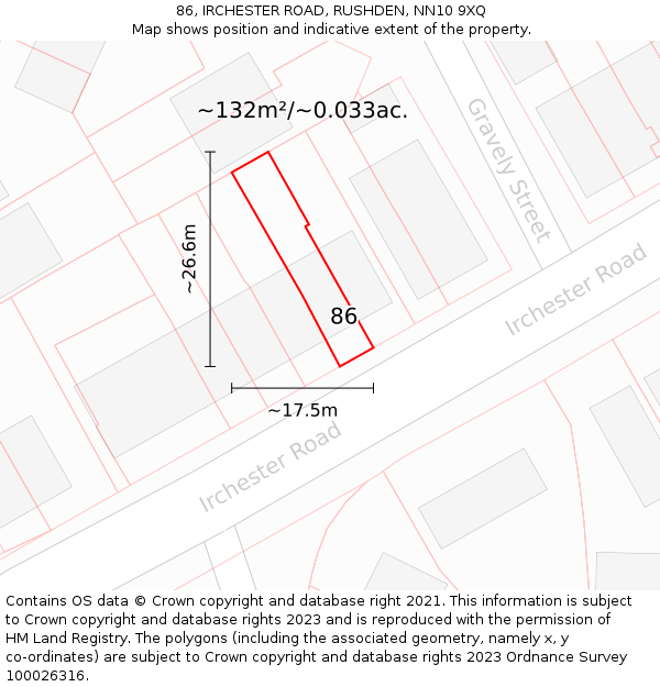 86, IRCHESTER ROAD, RUSHDEN, NN10 9XQ: Plot and title map