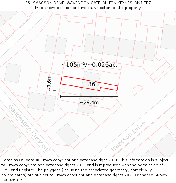 86, ISAACSON DRIVE, WAVENDON GATE, MILTON KEYNES, MK7 7RZ: Plot and title map