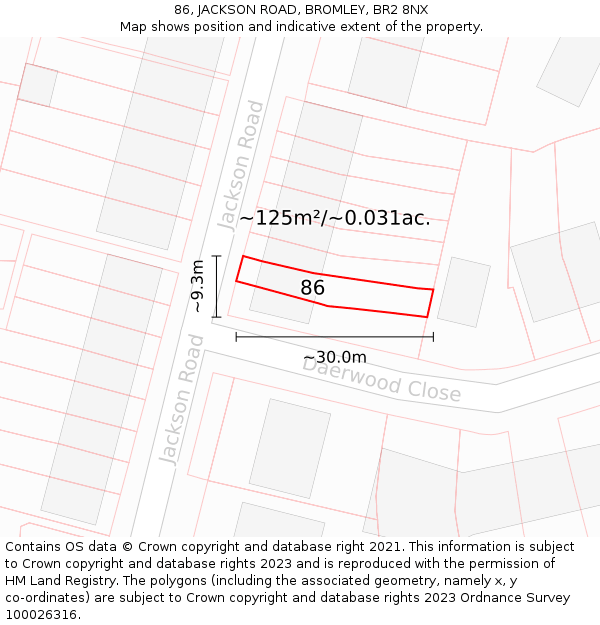 86, JACKSON ROAD, BROMLEY, BR2 8NX: Plot and title map