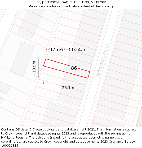 86, JEFFERSON ROAD, SHEERNESS, ME12 2PX: Plot and title map