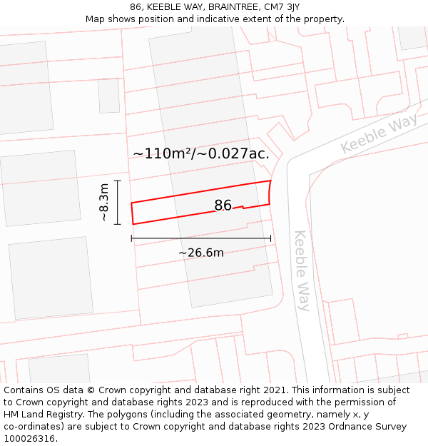 86, KEEBLE WAY, BRAINTREE, CM7 3JY: Plot and title map