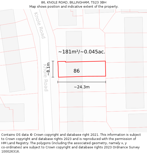 86, KNOLE ROAD, BILLINGHAM, TS23 3BH: Plot and title map