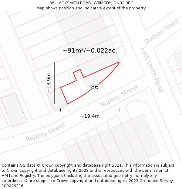 86, LADYSMITH ROAD, GRIMSBY, DN32 9EG: Plot and title map