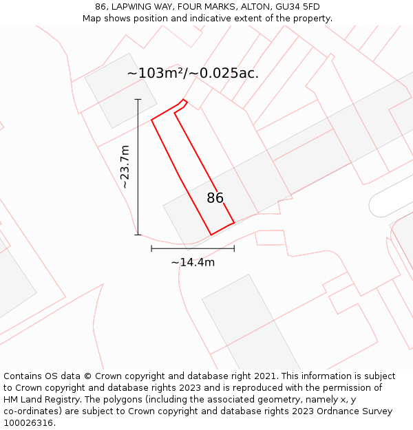 86, LAPWING WAY, FOUR MARKS, ALTON, GU34 5FD: Plot and title map