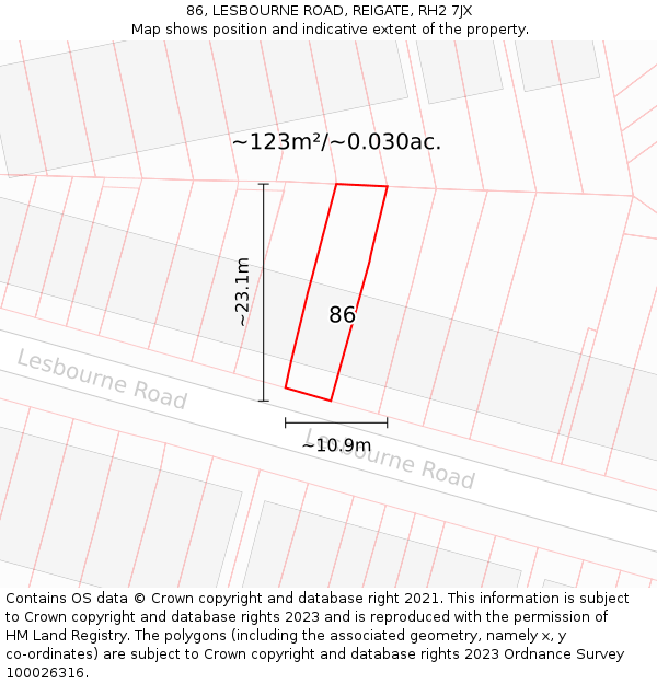 86, LESBOURNE ROAD, REIGATE, RH2 7JX: Plot and title map
