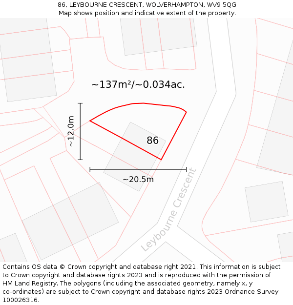 86, LEYBOURNE CRESCENT, WOLVERHAMPTON, WV9 5QG: Plot and title map