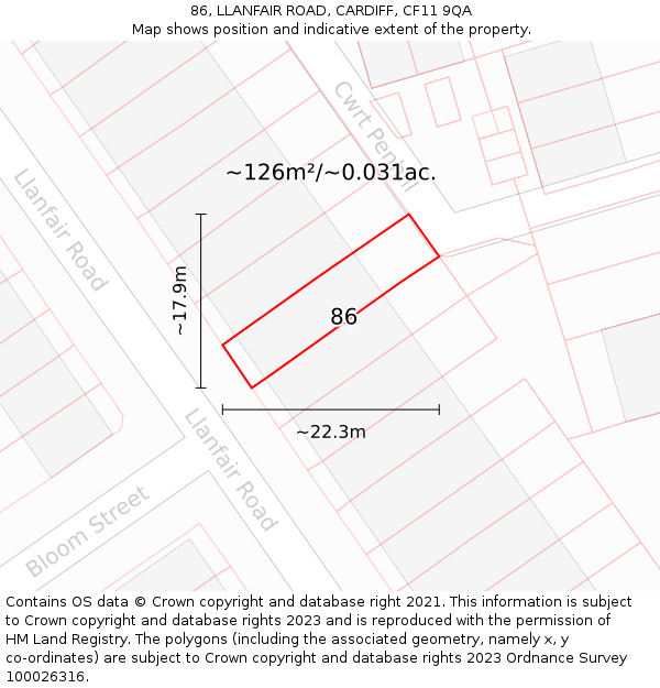 86, LLANFAIR ROAD, CARDIFF, CF11 9QA: Plot and title map