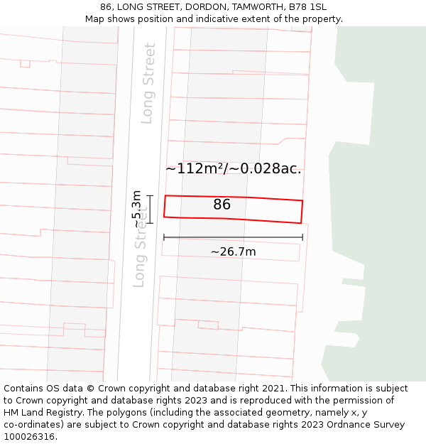 86, LONG STREET, DORDON, TAMWORTH, B78 1SL: Plot and title map