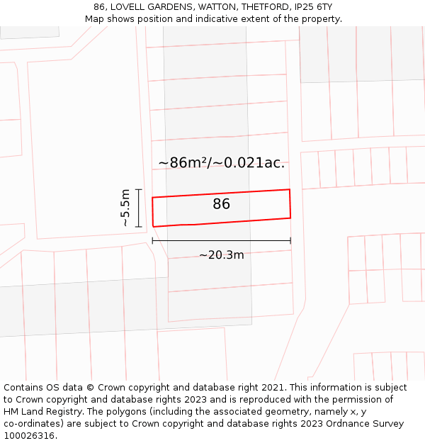 86, LOVELL GARDENS, WATTON, THETFORD, IP25 6TY: Plot and title map
