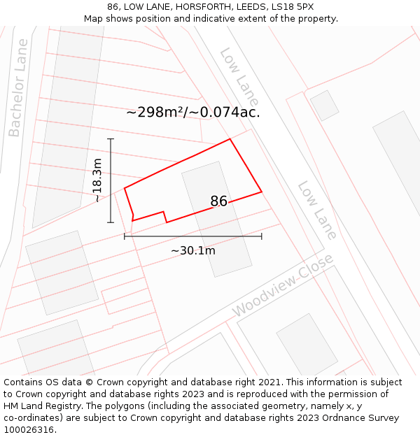 86, LOW LANE, HORSFORTH, LEEDS, LS18 5PX: Plot and title map