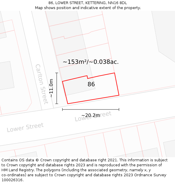 86, LOWER STREET, KETTERING, NN16 8DL: Plot and title map