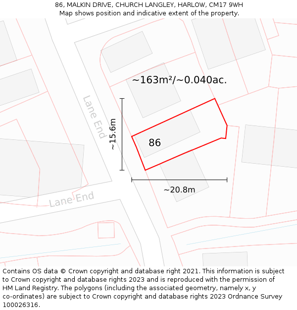 86, MALKIN DRIVE, CHURCH LANGLEY, HARLOW, CM17 9WH: Plot and title map