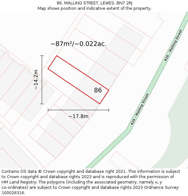 86, MALLING STREET, LEWES, BN7 2RJ: Plot and title map