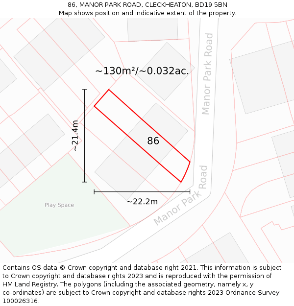 86, MANOR PARK ROAD, CLECKHEATON, BD19 5BN: Plot and title map