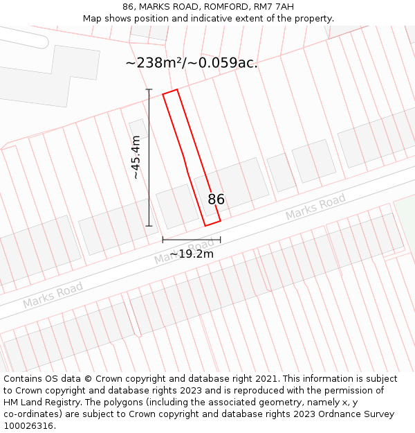 86, MARKS ROAD, ROMFORD, RM7 7AH: Plot and title map