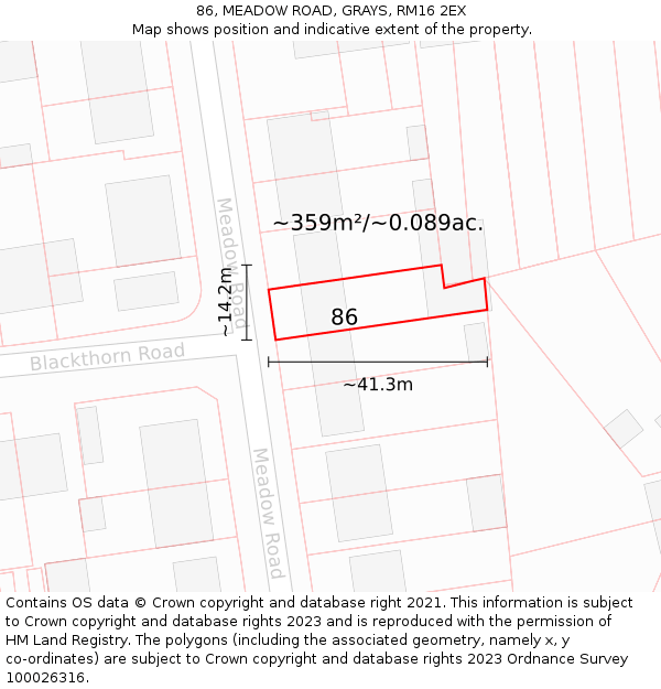 86, MEADOW ROAD, GRAYS, RM16 2EX: Plot and title map