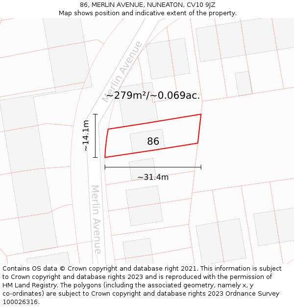 86, MERLIN AVENUE, NUNEATON, CV10 9JZ: Plot and title map