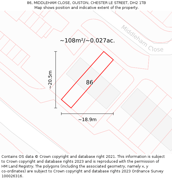 86, MIDDLEHAM CLOSE, OUSTON, CHESTER LE STREET, DH2 1TB: Plot and title map