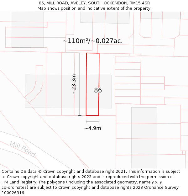 86, MILL ROAD, AVELEY, SOUTH OCKENDON, RM15 4SR: Plot and title map