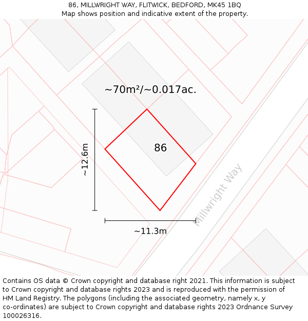 86, MILLWRIGHT WAY, FLITWICK, BEDFORD, MK45 1BQ: Plot and title map