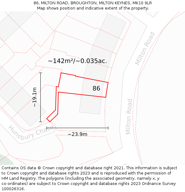 86, MILTON ROAD, BROUGHTON, MILTON KEYNES, MK10 9LR: Plot and title map