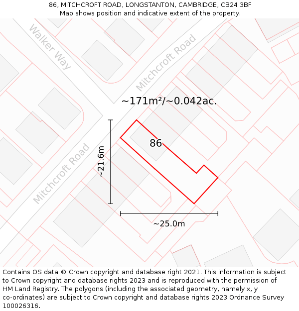 86, MITCHCROFT ROAD, LONGSTANTON, CAMBRIDGE, CB24 3BF: Plot and title map