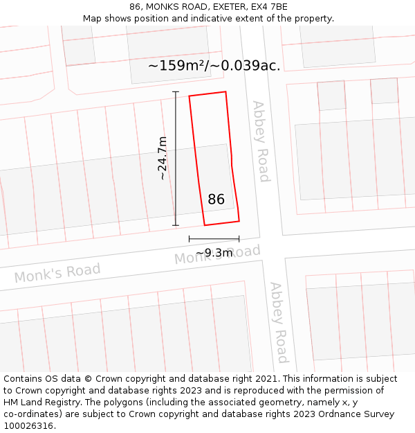 86, MONKS ROAD, EXETER, EX4 7BE: Plot and title map