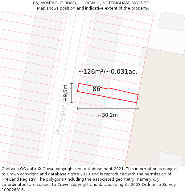 86, MONTAGUE ROAD, HUCKNALL, NOTTINGHAM, NG15 7DU: Plot and title map