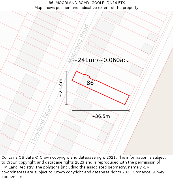 86, MOORLAND ROAD, GOOLE, DN14 5TX: Plot and title map
