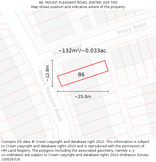 86, MOUNT PLEASANT ROAD, EXETER, EX4 7AD: Plot and title map