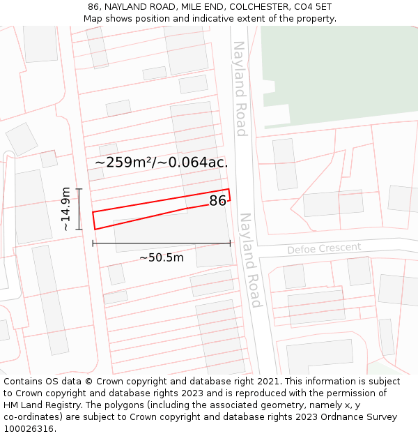 86, NAYLAND ROAD, MILE END, COLCHESTER, CO4 5ET: Plot and title map