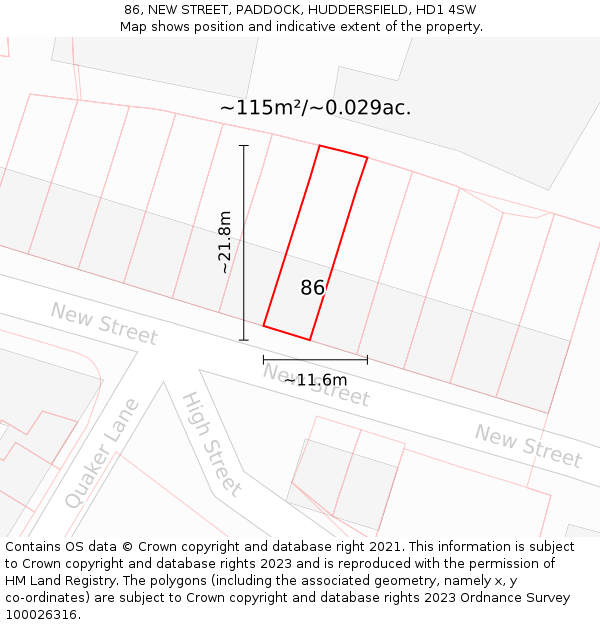 86, NEW STREET, PADDOCK, HUDDERSFIELD, HD1 4SW: Plot and title map