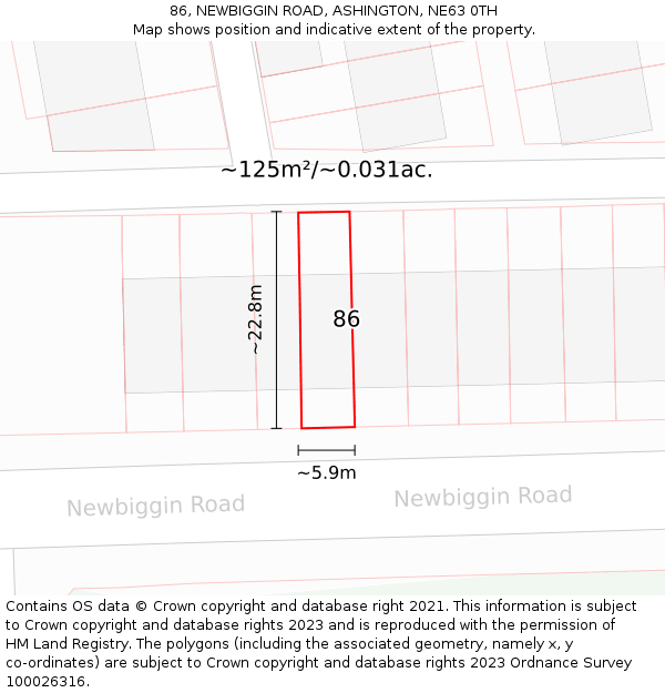 86, NEWBIGGIN ROAD, ASHINGTON, NE63 0TH: Plot and title map