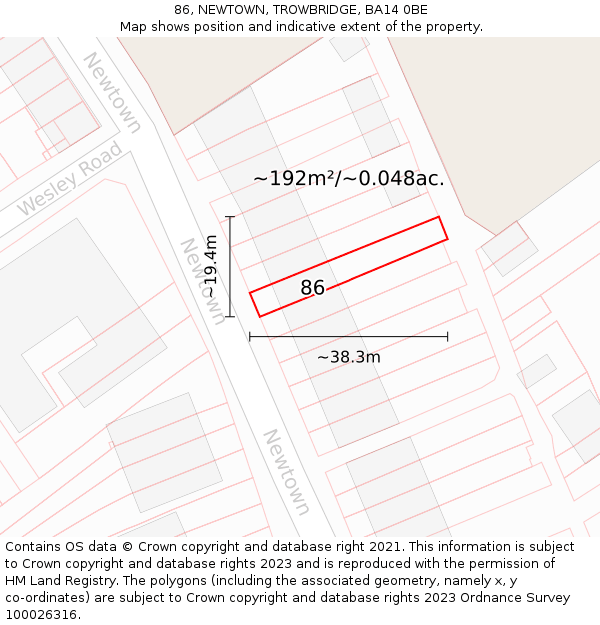 86, NEWTOWN, TROWBRIDGE, BA14 0BE: Plot and title map