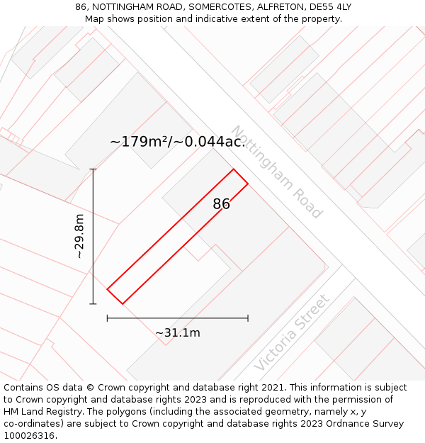 86, NOTTINGHAM ROAD, SOMERCOTES, ALFRETON, DE55 4LY: Plot and title map