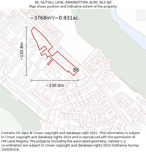 86, NUTTALL LANE, RAMSBOTTOM, BURY, BL0 9JZ: Plot and title map